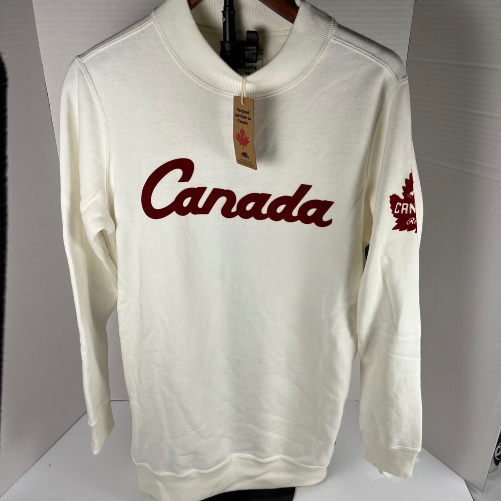 NWT Roots Canada Heritage Script Mock Neck Crewneck Sweatshirt Pristine White M